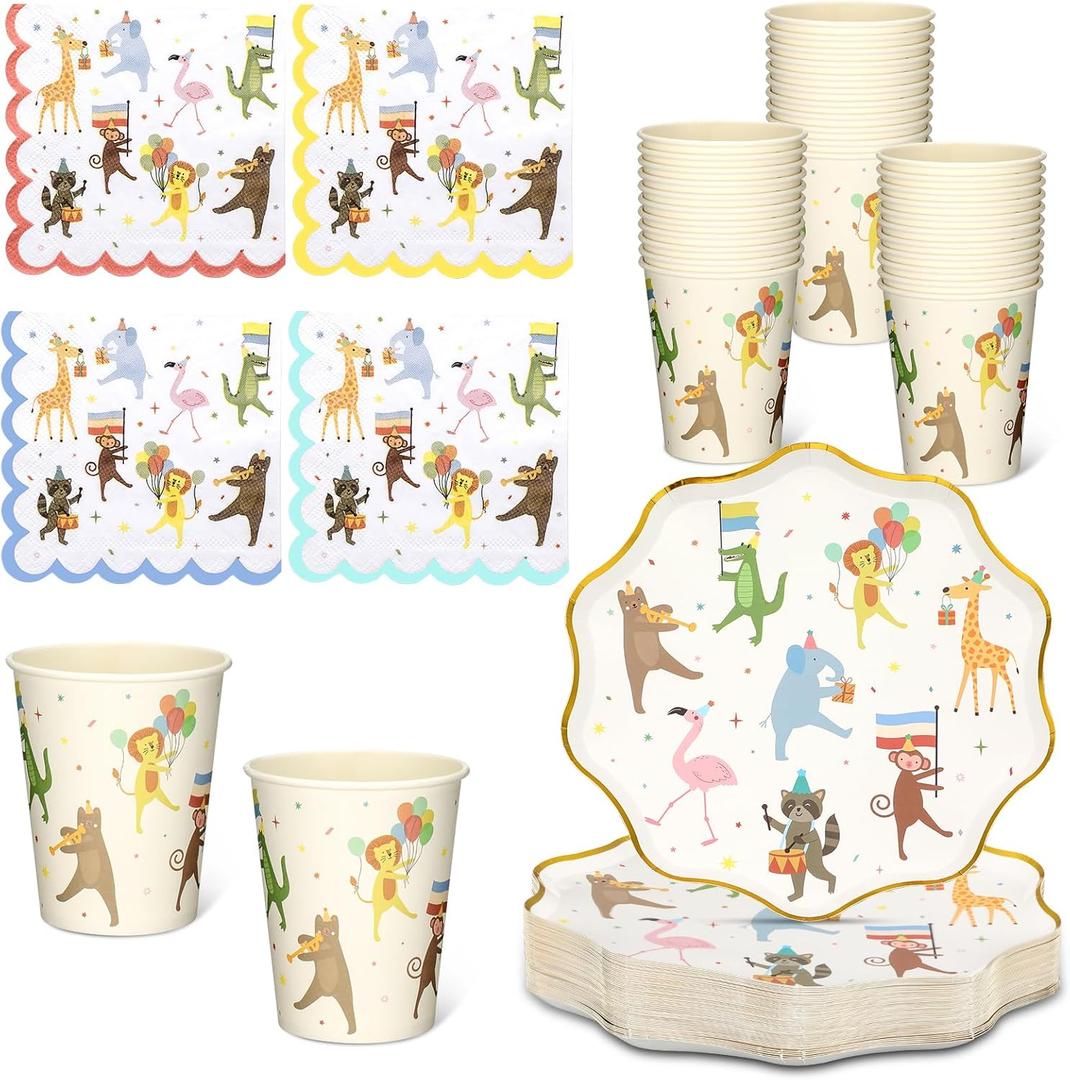 Potchen 150 Pcs Animal Parade Party Supplies Cute Disposable Animal Parade Tableware Set for Birthday Party Decorations Paper Plates and Napkins Cups, Serve 50 Guests