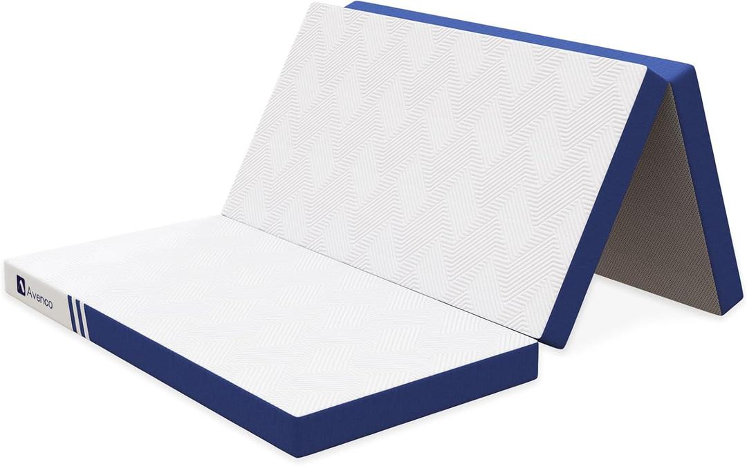Avenco Trifold Mattress, 4 Inch Folding Mattress Queen Size, Memory Foam Foldable with Removable Cover & Detachable for Floor Bed, Camping, Guest (Blue)