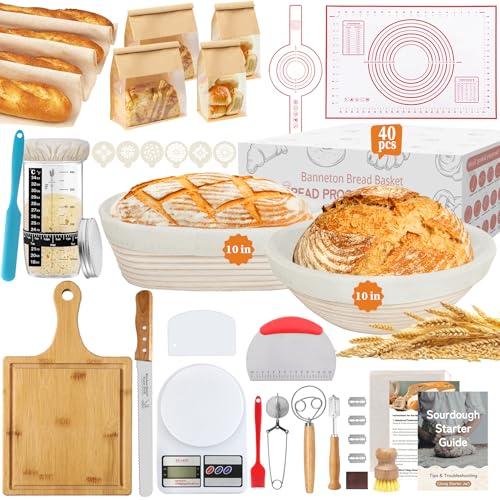 Aliggbent 40Pcs Sourdough Bread Baking Supplies, 10'' Round & Oval Banneton Bread Proofing Baskets with 24 oz Sourdough Starter Jar Kit, Digital Scale, Cutting Board, Knife, Bags ＆ Bread Making Tools
