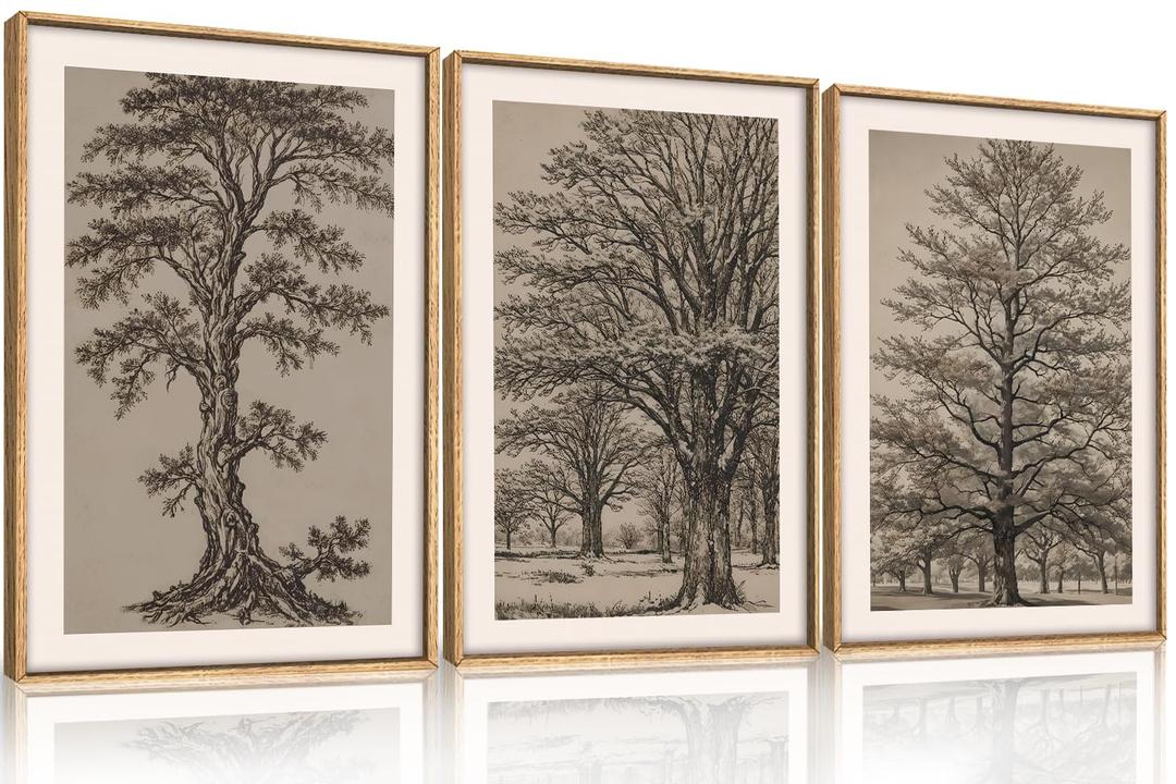 HOURIA Vintage Tree Sketch Framed Canvas Wall Art Set,Natural Brown and Gray Woodland Wall Decor,Mid Century Nature Forest Artwork,Textured Botanical Art Print for Living Room,Bedroom,Office, 16"x24"x3