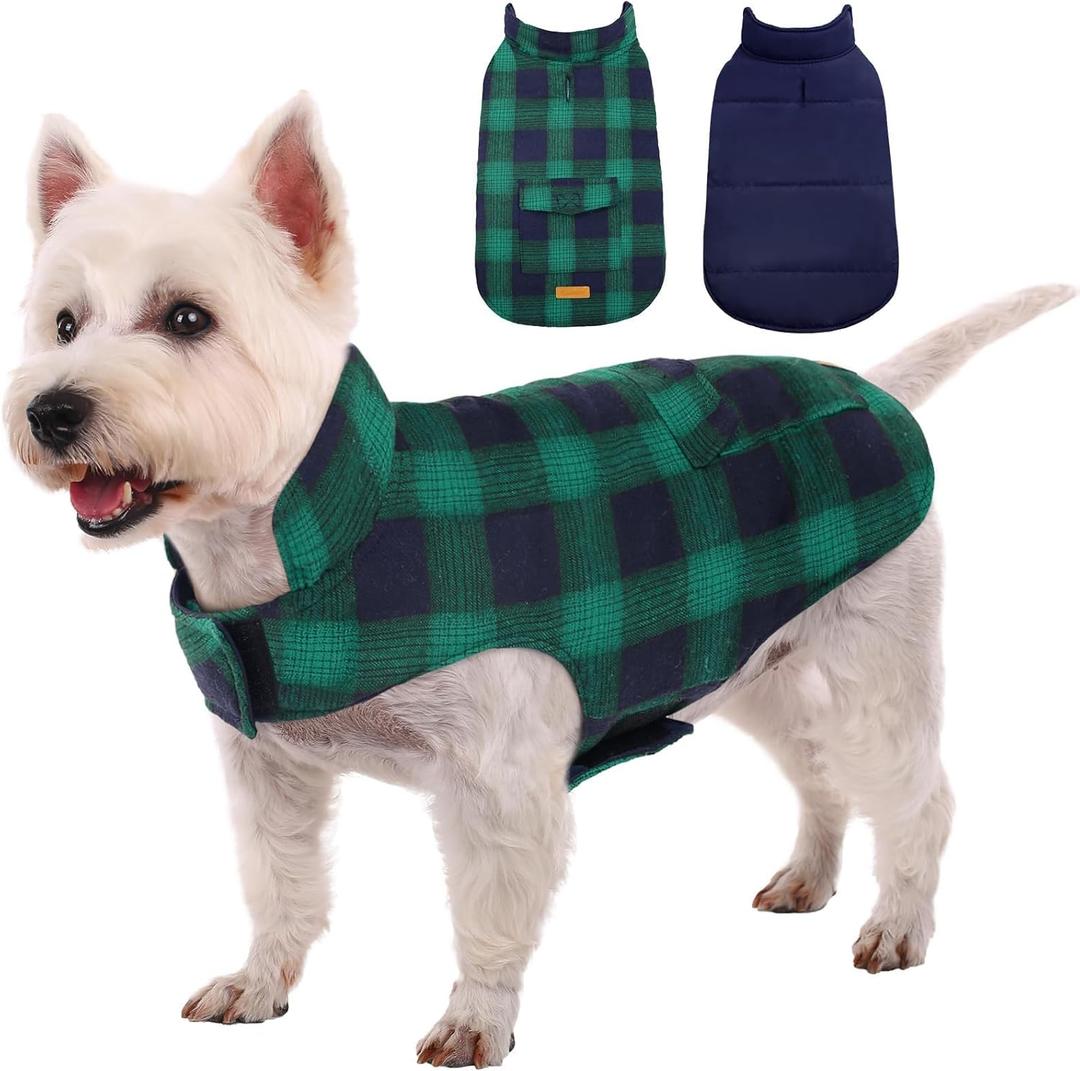 Kuoser Reversible Dog Jacket, Warm Winter Coat, Windproof Dog Clothes, Puppy Cold Weather Coat, Green S (Small (Chest Girth: 13.8-17.3''))