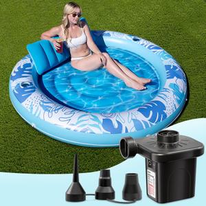 Sloosh Inflatable Tanning Pool & Electric Air Pump Set 72" x 65" Sun Lounger with Pillow, 2 Cup Holders, Grab Rope & Fast-Fill Pump for Pool, Beach,Blue Sloosh Inflatable Tanning Pool & Electric Air Pump Set 72" x 65" Sun Lounger with Pillow, 2 Cup Holders, Grab Rope & Fast-Fill Pump for Pool, Beach,Blue