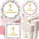 Pickmesh 250 Pcs Pink First Holy Communion Disposable Tableware Set God Bless Baptism Disposable Paper Plates Napkins and Cups for Girls Christening Celebration Baby Shower Religious Supplies Serve 50