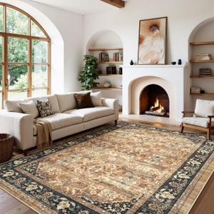 Vintage Area Rug - 8x10, Soft Non-Slip, Low Pile, Washable, Boho Area Rug for Bedroom, Living Room, Dining Room, Office (Brown/Multi)