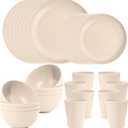 LIYH 32 Pcs Beige Wheat Straw Dinnerware Set for 8, Plastic Plates and Bowls Set, Unbreakable Dishes Set for 8, Dishwasher & Microwave Safe Reusable