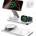 3-in-1 Foldable Wireless Charging Station,15W Qi2-Certified Wireless Charger for Magsafe iPhones,3 in 1 Magnetic Charger Stand for iPhone 16/15/14/13/12, Apple Watch and AirPods.(30W Adapter Include) (White)