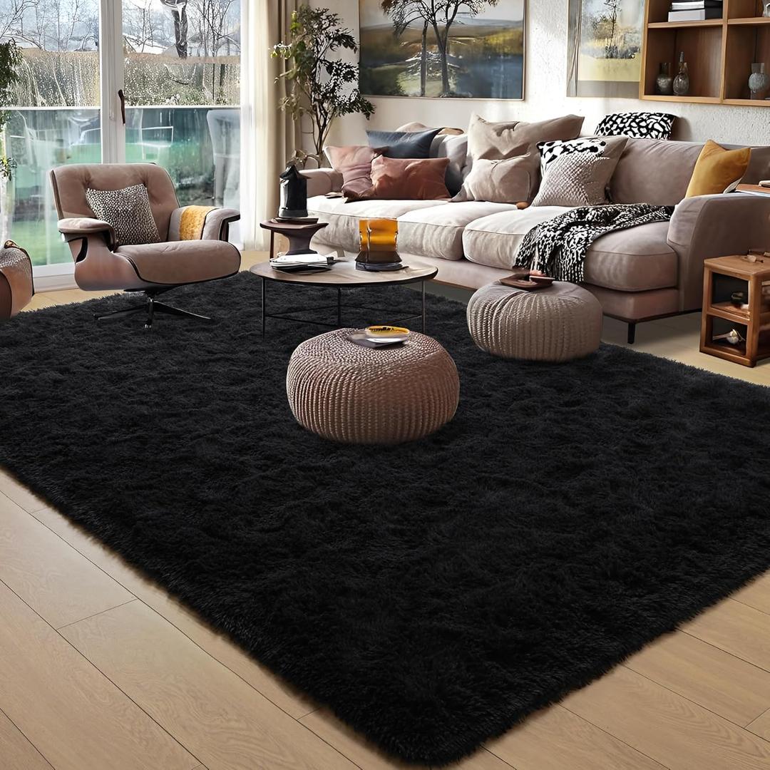 Foxmas Large Area Rugs for Living Room Bedroom 9x12Feet, Fluffy Kids Room Plush Shaggy Nursery Rug Furry Throw Carpets for Boys Girls, College Dorm Fuzzy Rugs Home Decorate Rug, Black