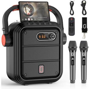 JYX Karaoke Machine with 2 Wireless Microphones, Portable Bluetooth Speaker PA System with Shoulder Strap, Subwoofer Support TWS, USB, Radio, AUX, REC, Bass&Treble for Home Party/Meeting/Adults/Kids