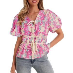Cicy Bell Summer Babydoll Peplum Tops V Neck Puff Sleeve Bow Floral Shirts (L)