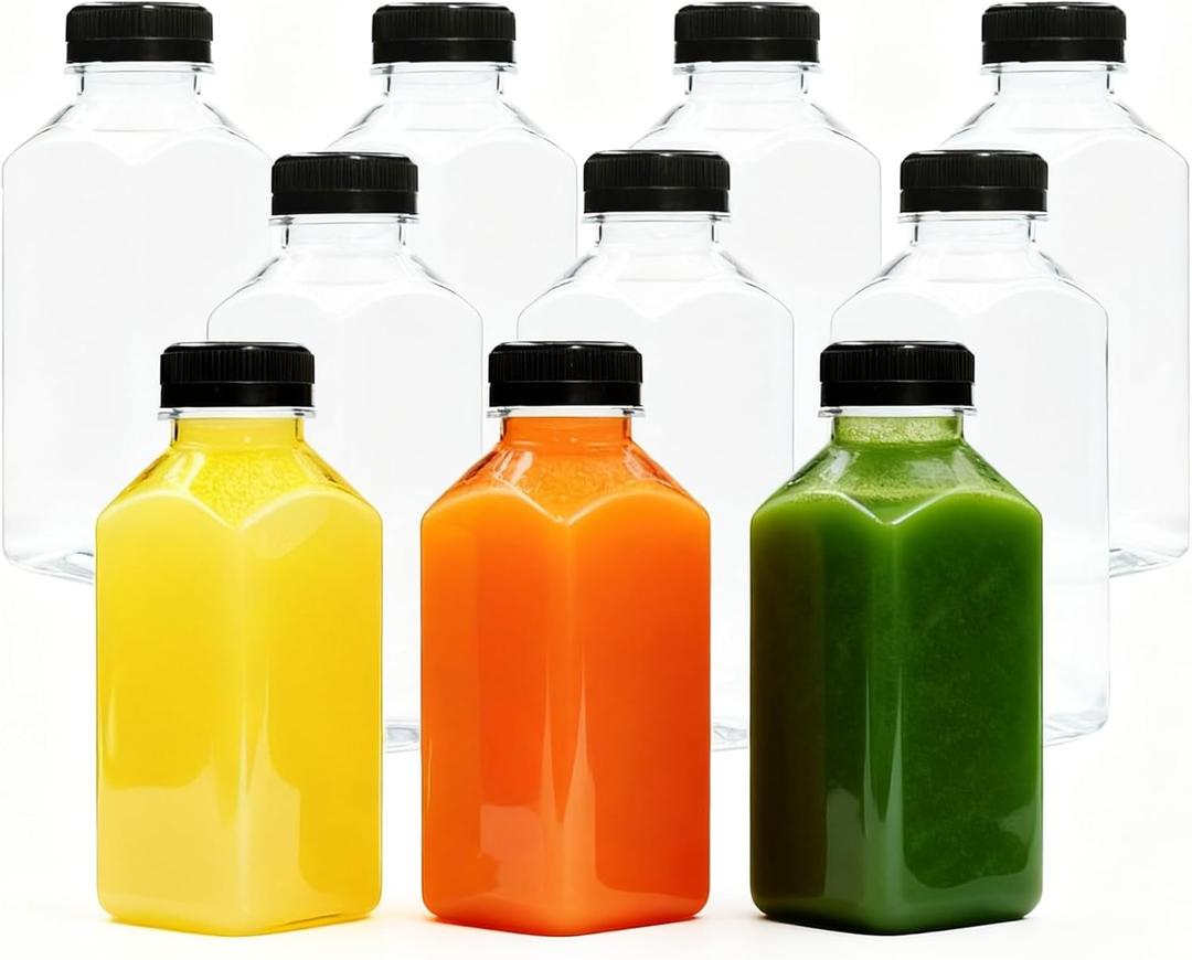 12oz 10pcs Empty Plastic Juice Bottles with Caps,Juice Containers for Juice, Milk and Other Beverages,Clear Juicing Bottles for Food Grade.