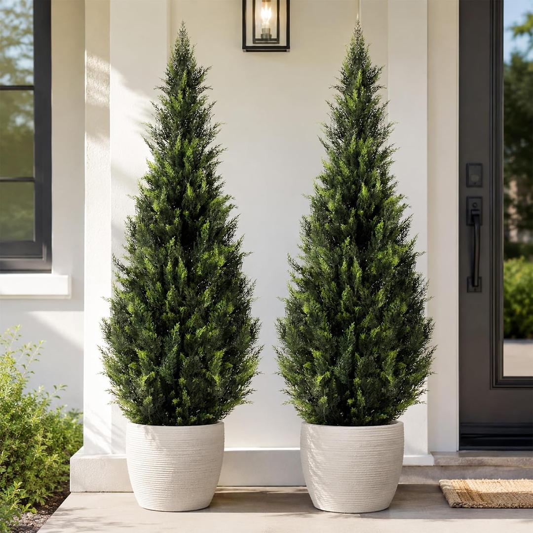 Artificial Cedar Topiary Trees, 5 FT UV Resistant Faux Boxwood Plants,Front Porch Decorations Outdoor,Realistic Evergreen Cypress for Patio Decor Set of 2
