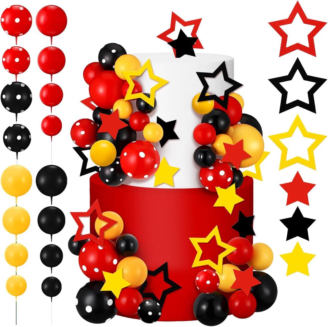 57 Pcs Black Red Yellow Ball Star Cake Topper Set Cartoon Cake Decorations with Flag DIY Insert Topper for One Two Years Happy Birthday Decorations Baby Shower Party Supplies(Happy Birthday)
