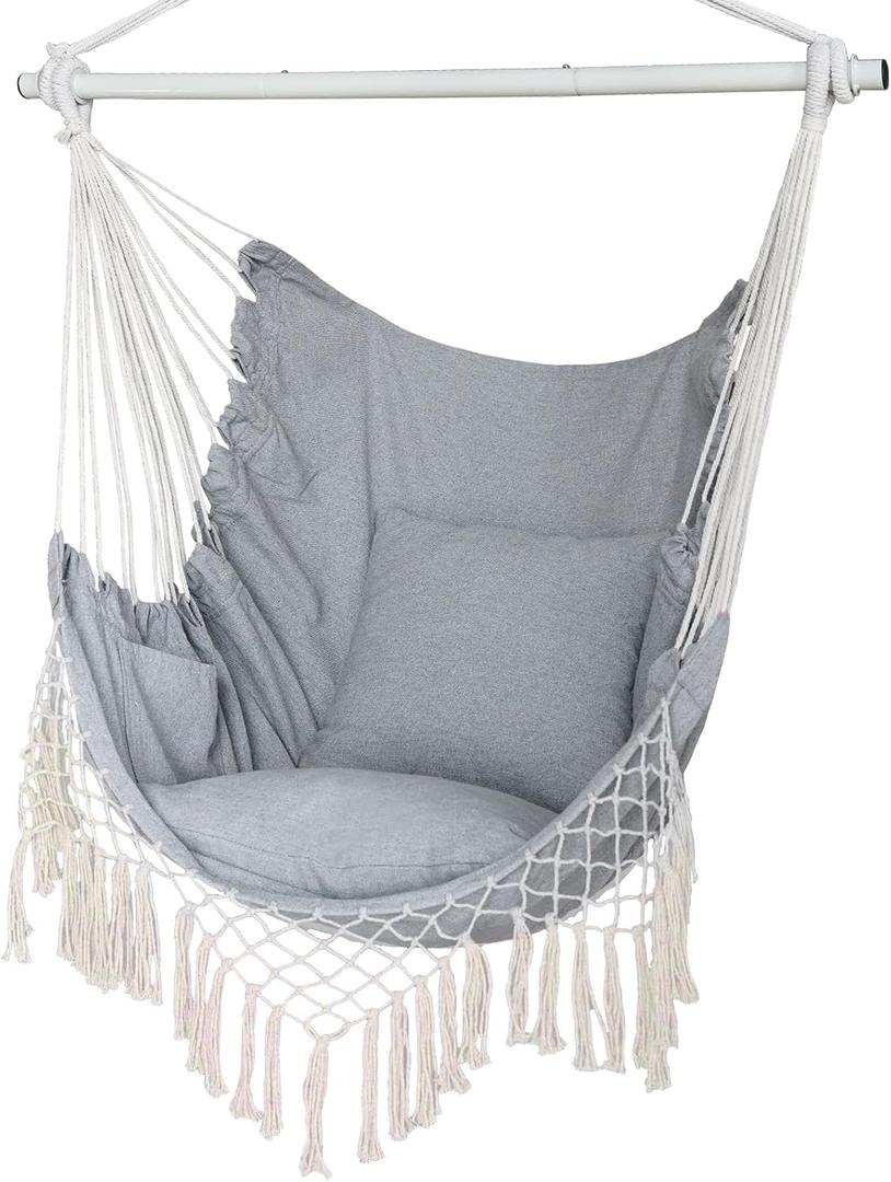 Hammock Chair, Hanging Rope Swing Seat with 2 Cushions,Macrame Hanging Chair Side Pocket with High Load-Bearing Metal Rod,for Indoor, Outdoor, Extra Comfortable (Grey)