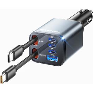 SUPERONE Retractable Car Charger, [Ultra-Compact] 6-Port Car Charger USB C, iPhone Car Chargers Fast Charging with Dual USB C Cables, RV Power Adapter for iPhone 17/16/15/14/13/12 Series