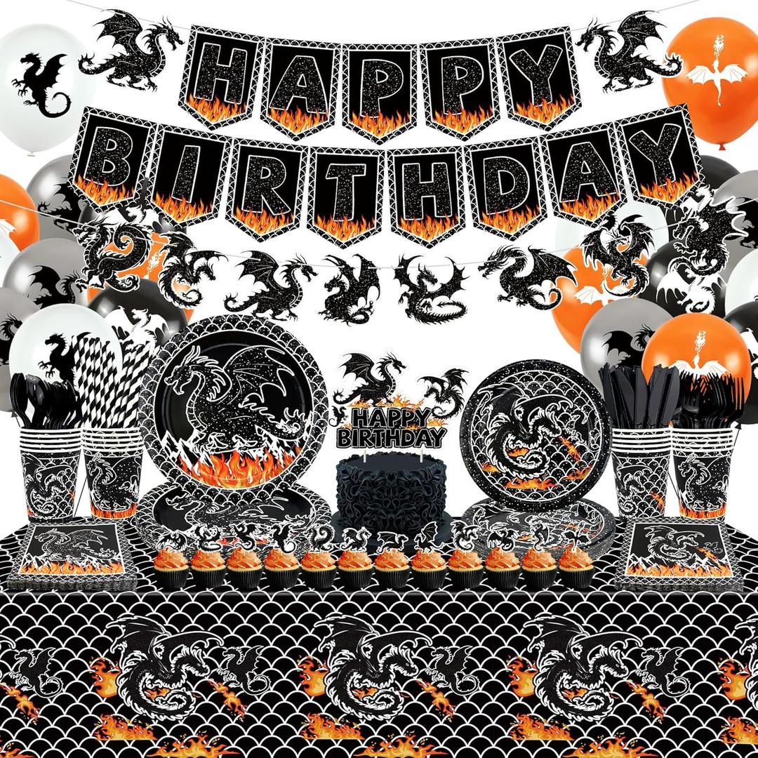 Dragon Birthday Party Decoration ,Including Happy Birthday Party Banner, Dinner Plates, Dessert Plates, Cups, Napkins, Tablecloth, Balloons, Straws, for Dragon Theme Party Supplies 20 Guest (A)