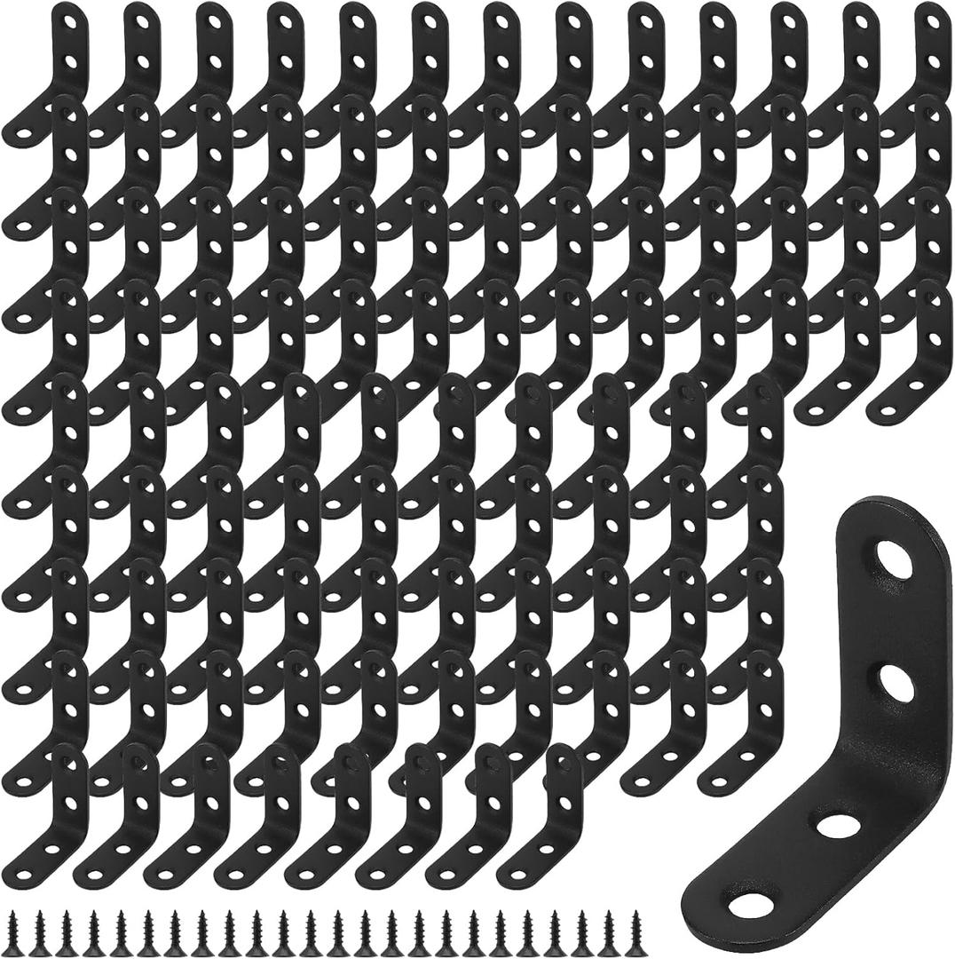 SHEUTSAN 100 Pcs Black L Bracket, 1.57 x 1.57 x 0.62 Inch Stainless Steel Corner Brace Small with Screws 90 Degree for Furniture Shelf Window