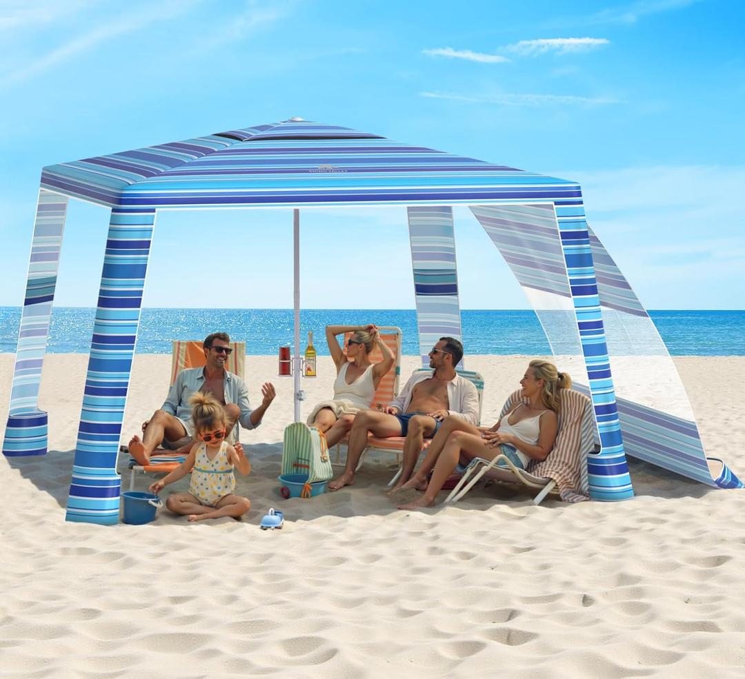 Rhino Valley Beach Cabana, 8 * 8FT Beach Tent UPF50+ Protection, Easy Setup Beach Canopy Wind Resistant with Cup Holder, Compact Beach Shade Foldable Beach Tent Sun Shelter, Blue Four Stripes