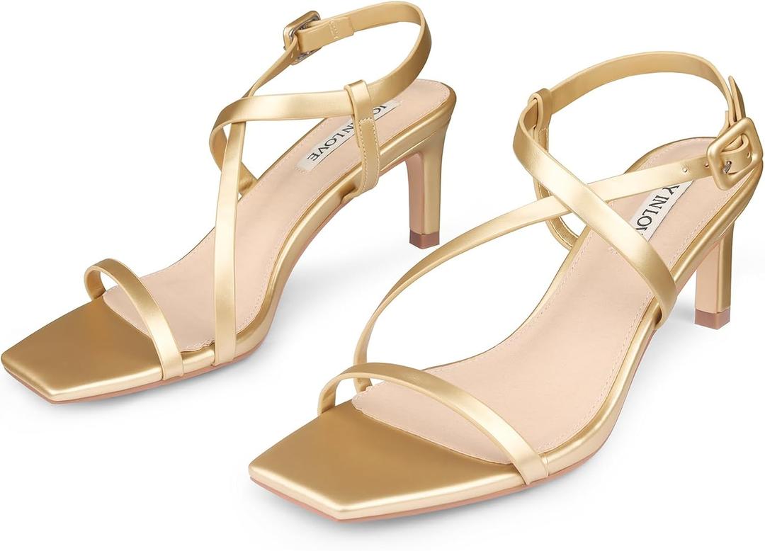JOY IN LOVE Womens 2.5 Inch Kitten Heels Low Heel Square Open Toe Strappy Sandals Gold Matte, Size US9