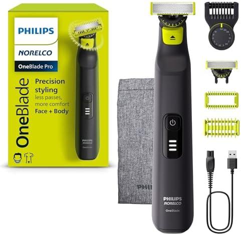 Norelco Philips OneBlade Pro 360 Face + Body, Electric Shaver, Beard Trimmer and Body Groomer, with 360 Blade Technology, 14-Length Precision Comb, Body Kit, Soft Pouch, Model QP6542/70