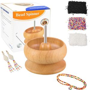 hobbyworker Upgrade Wooden Bead Spinner with 2 Pcs Big Needles,8000 Pcs Seed Beads and 1 Surprise Gift Pack for Jewelry Making Tools, Quickly Stringing Beads Tool, Manual Operated