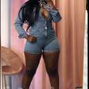 Molilove Women's Vintage Short Denim Jumpsuit Long Sleeve Button Down Jean Jumpsuit Romper with Pocket Sexy Going Out Outfits (Blue, L)