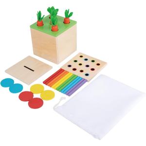 Adena Montessori 3 in 1 Wooden Montessori Play Kit Baby Toys,Includes Matchstick Color Drop Game,Carrot Harvest Game and Coin Box,Learning Toy for Kid 1,2,3 Year Old,Girl Boy Gift for Baby 6-12 Month