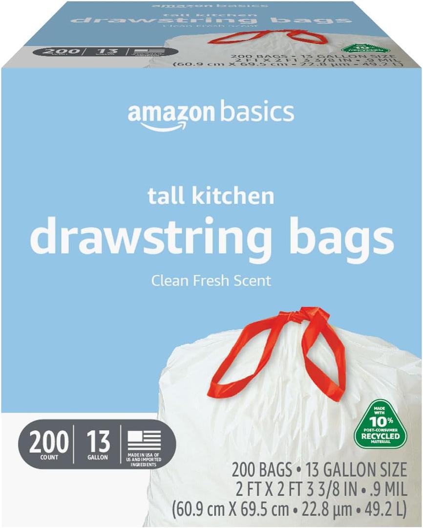 Amazon Basics 13 Gallon Tall Kitchen Drawstring Trash Bags, Clean Fresh Scent, 10% Post Consumer Recycled, 200 Count (White)