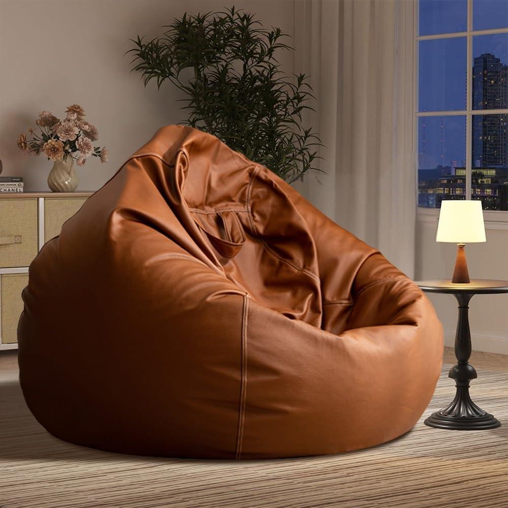 Bean Bag Chair Bean Bag Cover Without Filler Luxury Single Lazy Sofa Cover Faux Leather Bean Bag Sac Pouf Chair Envelope Beanbag Corner Seat Sectional Couch(Brown) (100cm)