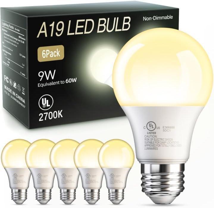 TJOY 6 Pack A19 LED Light Bulbs, 60 Watt Equivalent LED Bulb, Soft Warm White 2700K, Efficient 9W, E26 Standard Base, Non Dimmable Energy Saving Light Bulb, 800LM, 80 CRI, 120V, UL Listed