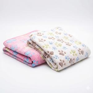 1 Pack 2 Blankets Super Soft Fluffy Premium Fleece Pet Blanket Flannel Paw Printed Throw for Dog Puppy Cat (Medium 30x20'', Beige, Pink)