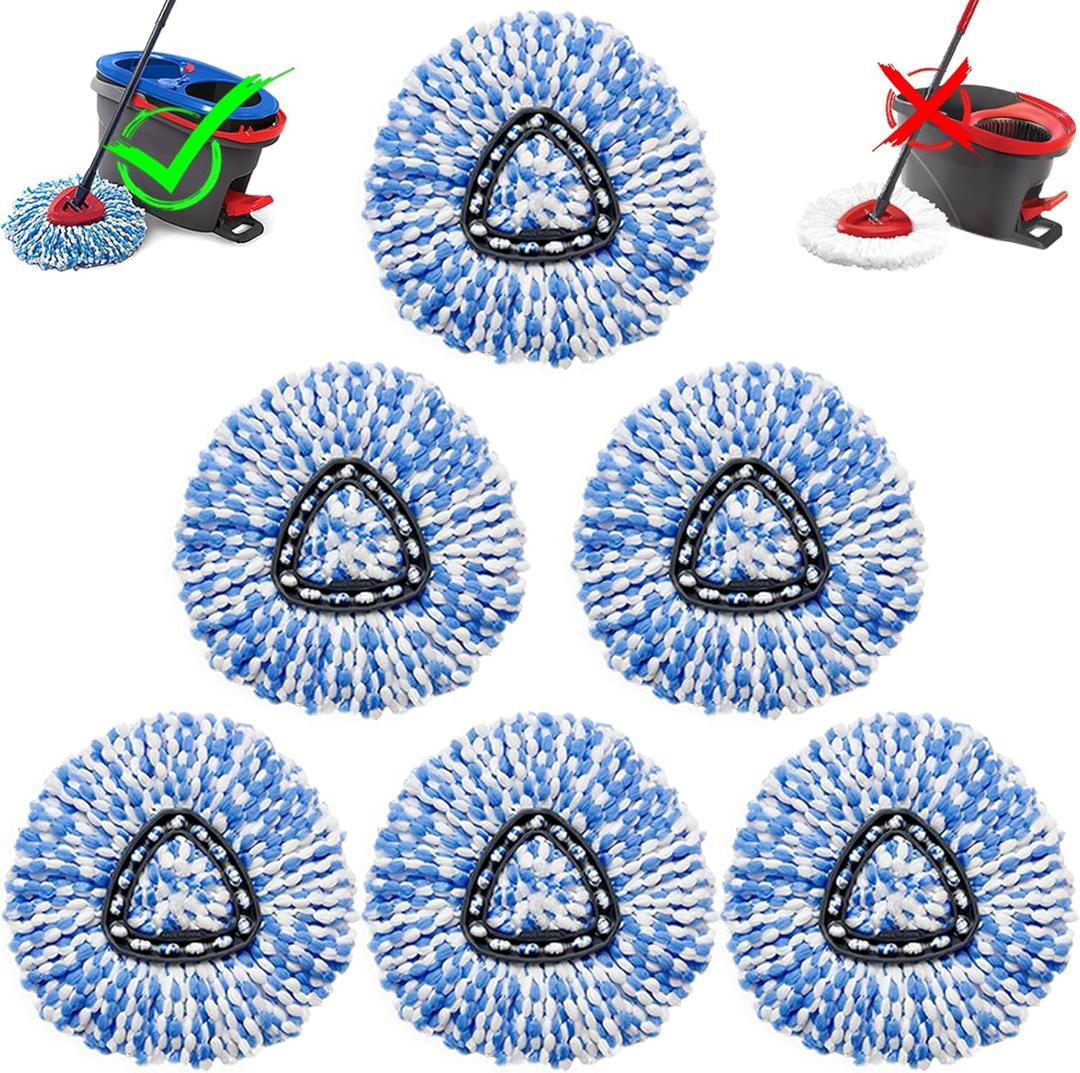 6 Pcs Spin Mop Replacement Heads, 360 Easy Wring Spin Mop 100% Microfiber Refill, Easy Cleaning Spin Mop Heads, 2 Tank System Replace Head for Easy House Cleaning Floor Mopping, Blue&White