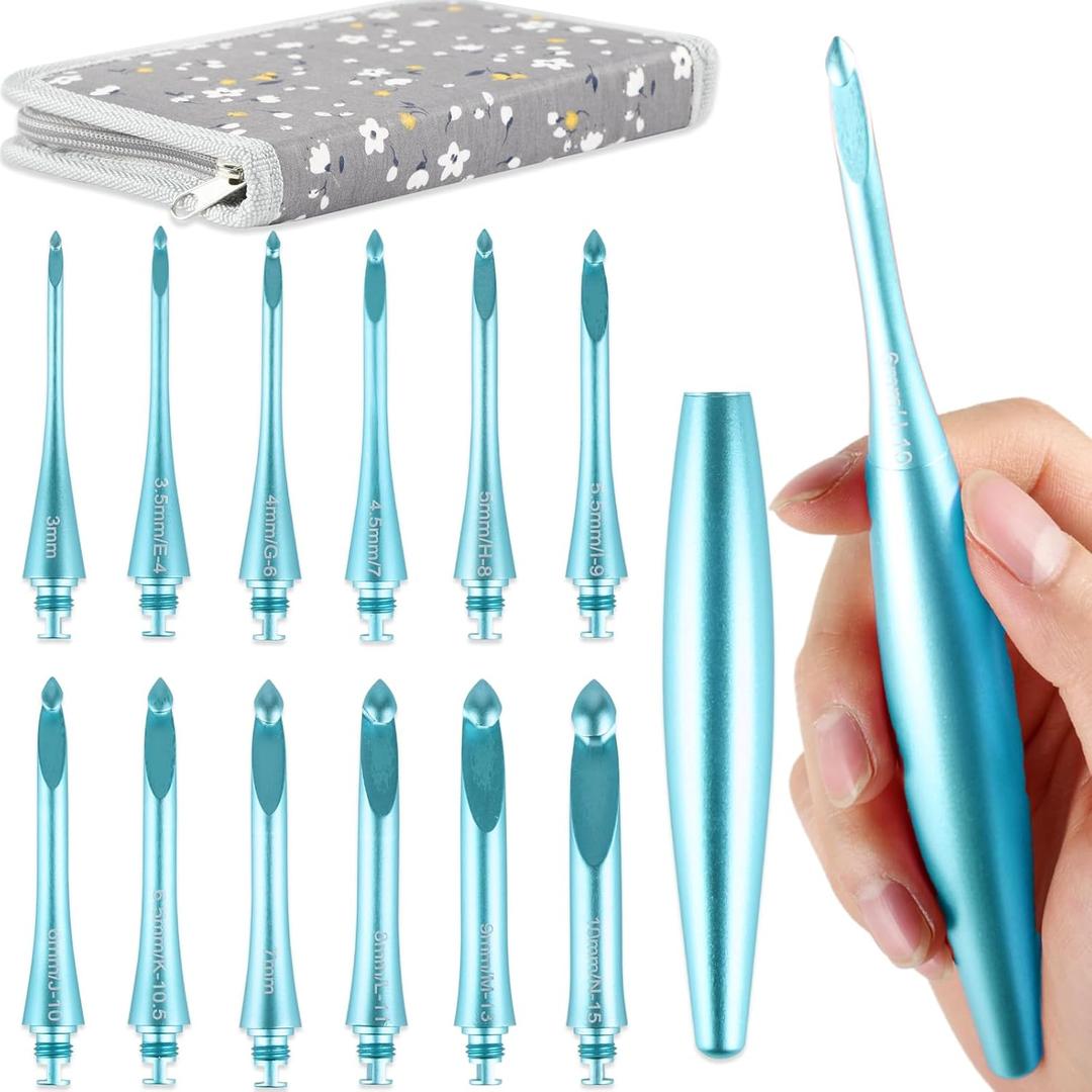 Svartur Interchangeable Crochet Hook Set with 12 Hooks  Ergonomic Crochet Hooks Large Handle, US Sizes E-4 to N-15 (3mm10mm), Smooth & Lightweight, Crochet Kit with Storage Case, Blue