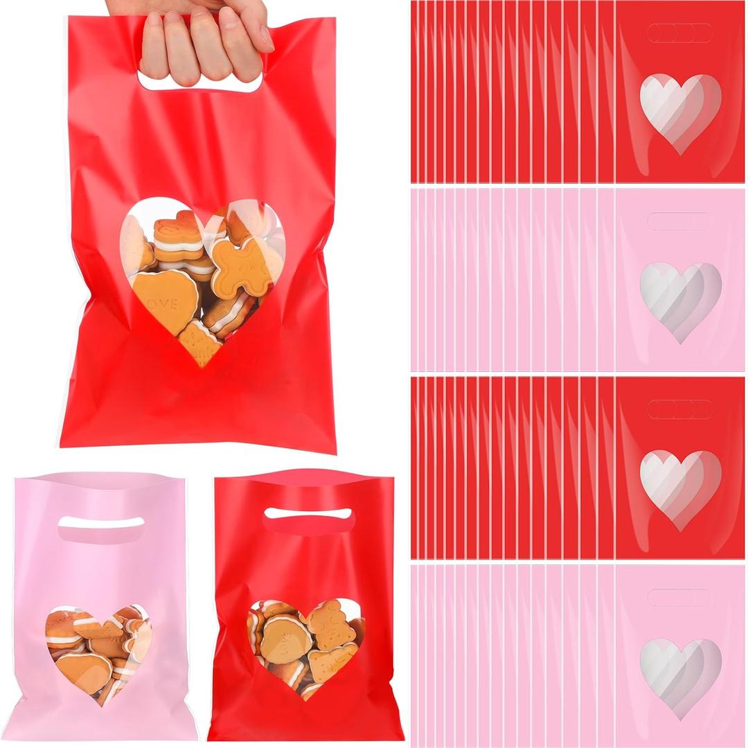 100 Pcs Pink Red Gift Bag with Handle 9.84''x 6.5'' Small Plastic Bags with Heart Shaped Window Mother's Day Party Favors for Gifts Wrapping Wedding Bridal Birthday Party Supplies Decoration