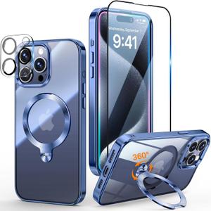 [Tri-Shield Protection] for iPhone 15 Pro Max Case with 360 Spin Stand Compatible with MagSafe [Magnetic CD Ring] [Screen & Camera Lens Protector] Shockproof Plating Never-Yellowing, Blue-6.7"