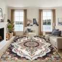 8x10FT Washable Area Rug for Living Room, Vintage Boho Floral Medallion Rug, Non-Slip Low Pile Indoor Carpet for Bedroom, Dining Room, Home OfficeBeige White