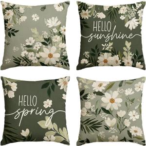 3 x AVOIN colorlife Hello Spring White Daisy Throw Pillow Covers, 16 x 16 Inch Hello Sunshine Eucalyptus Leaves Green Cushion Case Decoration for Sofa Couch Set of 4