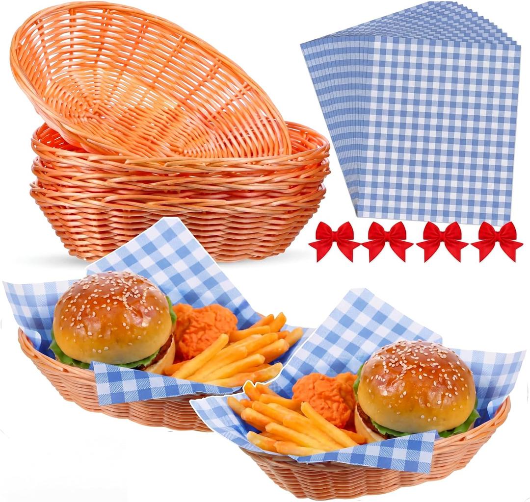 Reallnaive Wicker Food Baskets With Liners Bread Basket Waxed Deli Paper Red Bow Decoration Woven Gift Basket Food Container Liners R for Picnics, Kitchen, Easter, Bread, Fruits,Vegetables