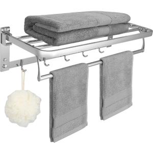 23 Inch Towel Rack with Towel Bar Holder SUS304 Stainless Steel Foldable Towel Shelf with 5 Hooks for Bathroom & Lavatory Wall Mounted (Brushed Nickel)