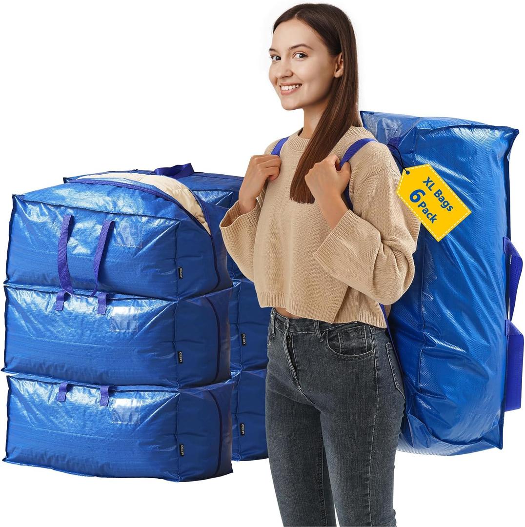 Extra Large Moving Bags - 6-Pack Heavy Duty Storage Duffel - Sturdy Backpack Straps Handles, Zippers - Reusable Moving Storage Bags for Clothes - Folding Collapsible Storage Tote Bag Set  Blue