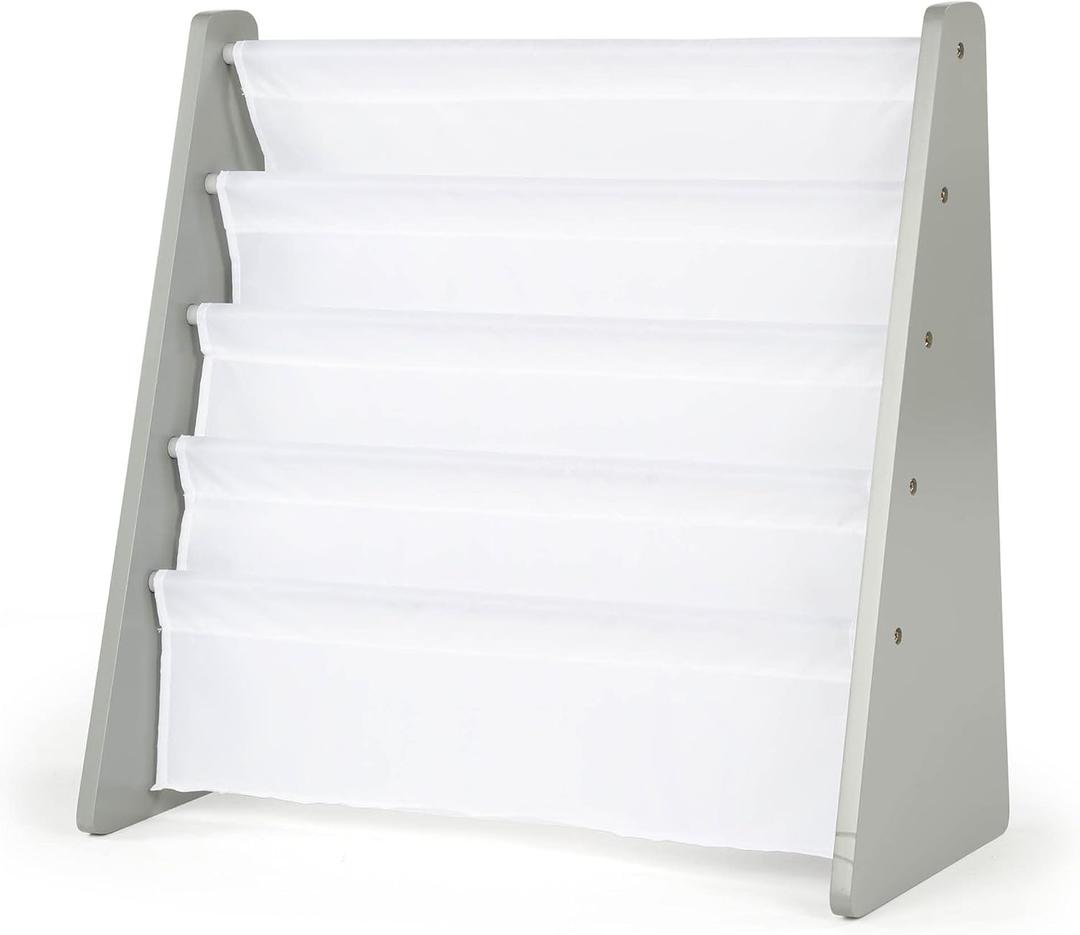 Humble Crew 4-Tier Kids Bookshelf, Grey Wood/White - Premium Book Shelf for Kids Rooms with Four Deep Pockets - Toddler Sling Book Rack with Deep Sleeves, Nursery Bookcase Organizer (Grey/White)
