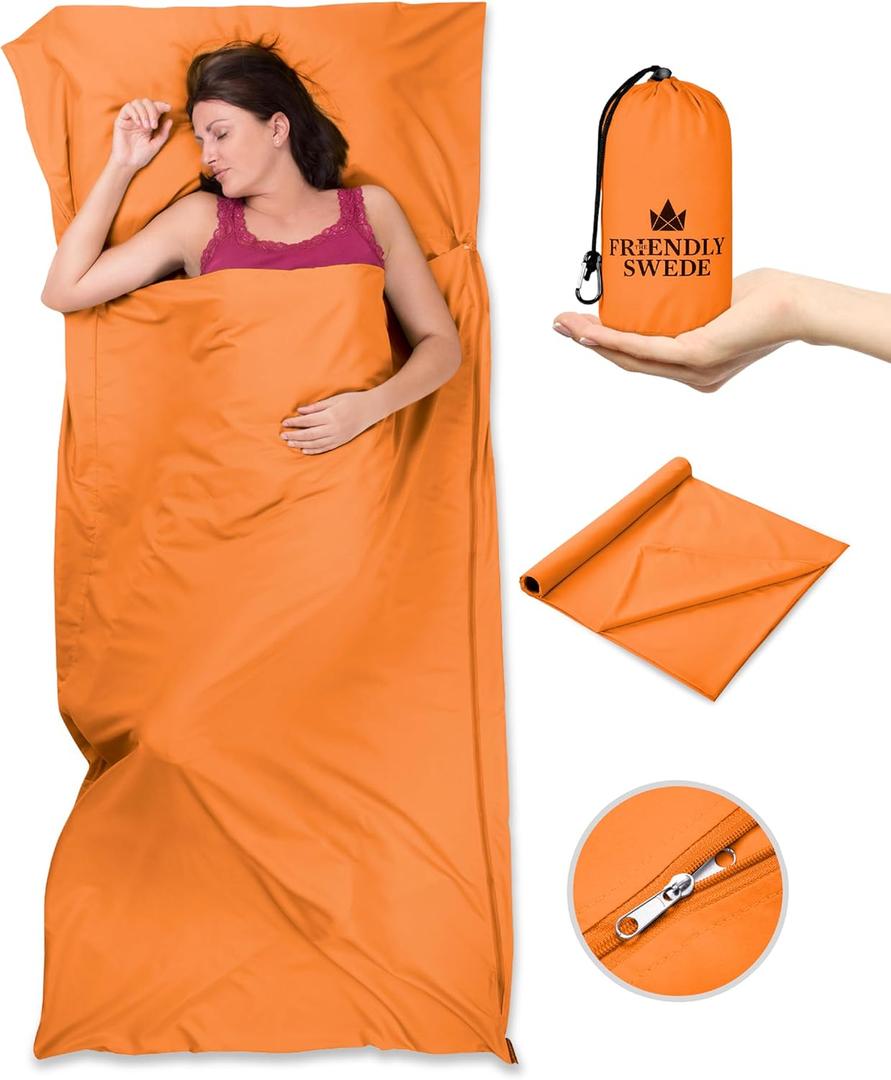 The Friendly Swede Sleeping Bag Liner Ultralight Polyester or Cold Weather Microfiber Adult Sleep Sack- Camping Sheets - Travel Sleeping Bag with Pocket-Size Stuff Sack