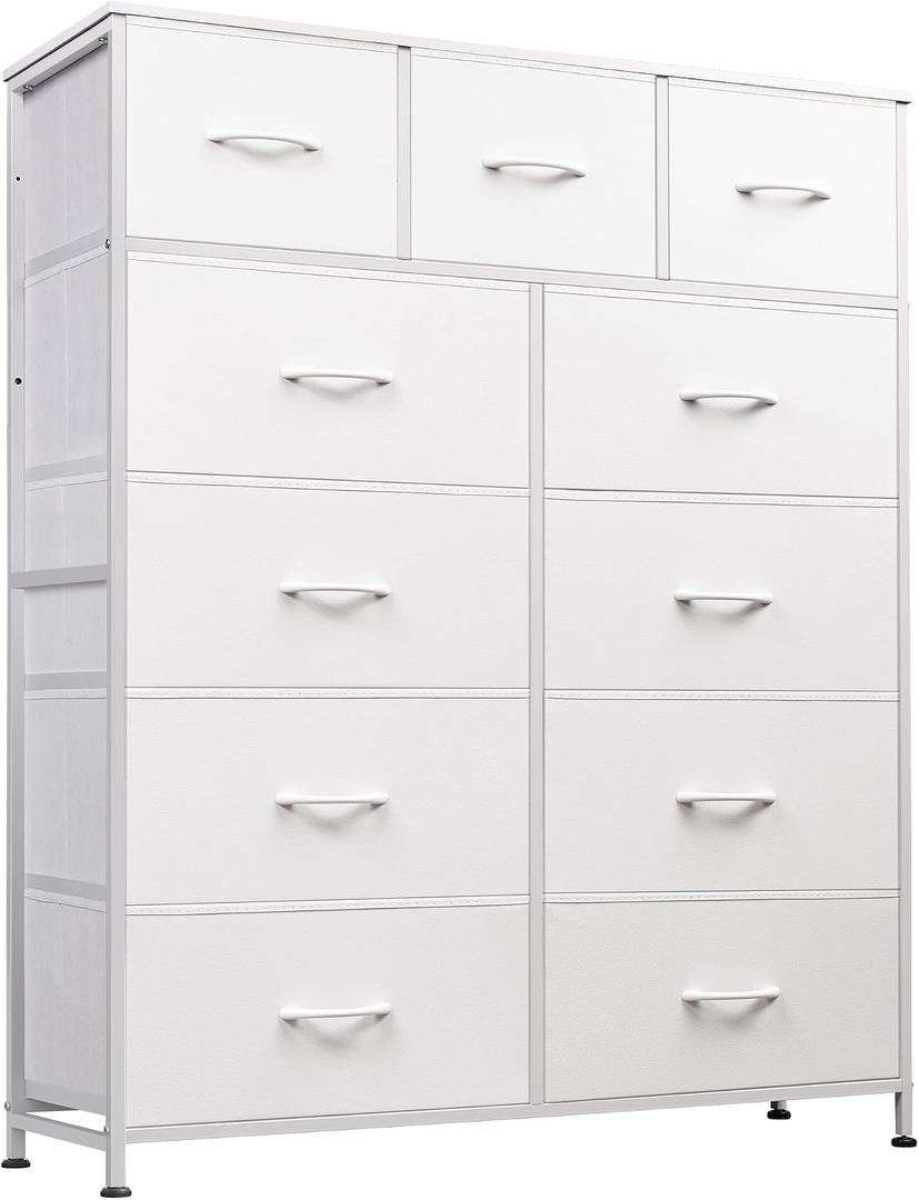 WLIVE Tall Dresser for Bedroom, Fabric Dressers Storage Tower, Dresser & Chest of Drawers Organizer Unit with 11 Drawers, Storage Cabinet, Hallway, Closets, Steel Frame, Wood Top, White, 11.7"D x 35.6"W x 42.2"H