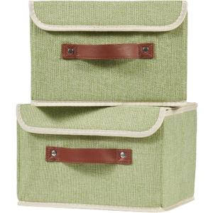 2PCS Storage Boxes with Lid Cotton Linen Fabric Storage Bins Organizer Container Decorative Collapsible Washable Shelf Closet Baskets Faux Leather Handles Home Bedroom (Green, Small Size)