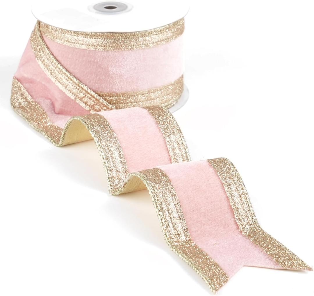 Pink and Champagne Gold Velvet Wired Ribbon 2.5" X 10 Yards Pink Velvet with Champagne Gold Glitter Border Stripe Christmas Ribbon for Tree, Wreath Supplies, Garlands Making