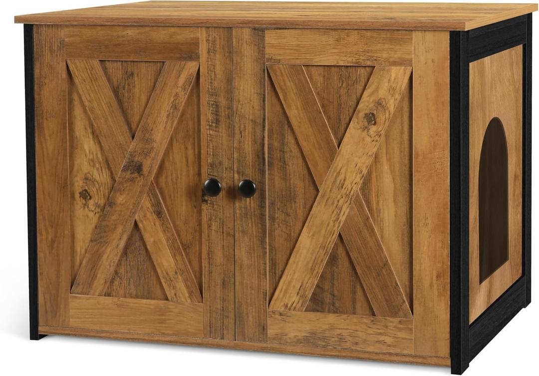 Dwanton Litter Box Enclosure, Cat Litter Box Furniture Hidden, Reversible Entrance Can Be on Left or Right Side, Wooden Cat Washroom Indoor, Warm Brown, 27.6 Inches