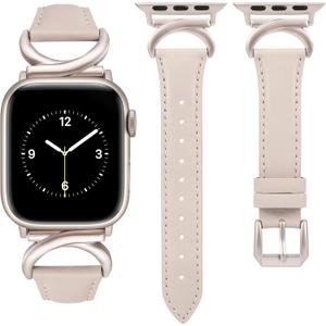 Minyee Leather Bands Compatible with Apple Watch Band 38/40/41/42/44/45/46/49mm Women, Slim Thin Dressy Designer Strap with C-Shape Metal Buckle for iWatch Series 11 10 9 8 7 6 5 4 SE/Ultra 3 2 1, Starlight