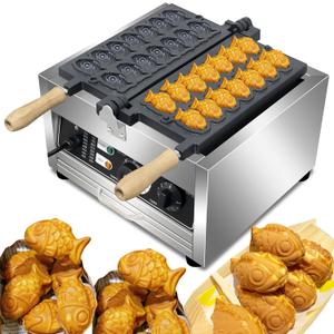 Commercial Taiyaki fish Waffle Maker 14pcs Non-stick Big Eyes Small Fish Waffle Maker Mini Fish Shaped Waffles Iron with Non-Stick Teflon Coating,50-300/122-572 Adjustable