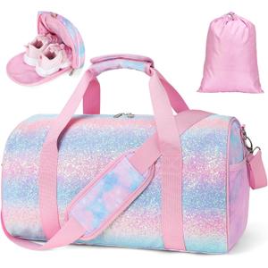 Dance Bag for Girls - Kids Duffle Bag with Shoe Compartment, Waterproof Ballet Gymnastics Overnight Bag with Dry/Wet Pockets(Tie-Dye Pink)