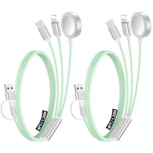 2Pack Multi Charging Cable Cord for Travel Essentials,Apple Watch Charger,iPhone Charger,[3-in-2] Type C/L Cable Portable Designed for iWatch,iPhone 17-8,Galaxy S25-21,AirPods,iPad-4FT Green