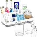 Bathroom Counter Organizer and Storage with 2 Pack Qtip Holder Dispenser, 7 Slots Detachable Toothbrush Holders for Bathrooms, Anti-Slip Electric Toothbrush and Toothpaste Holder Countertop (White Sets)